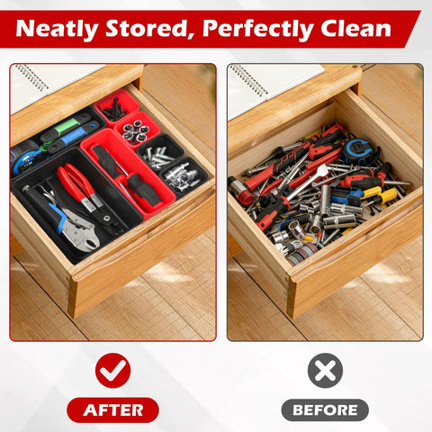 Before and after images of a drawer using 46 Piece Tool Box Organizer Tray Set With Five Sizes And 15Lb Magnetic Pickup Pen