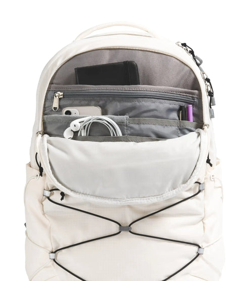Women's Borealis Commuter Laptop Backpack For Everyday Travel, inside view showing pockets, storage, and bungee, Gardenia White