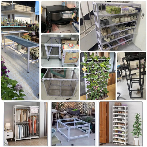 Heavy Duty L Shaped Steel Brackets With Wide Slotted Openings in various storage rack designs, showcasing their versatility for DIY projects.