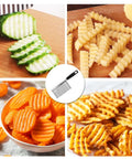 Litoexpe crinkle cutter with stainless blade and black handle; collage view shows crinkle-cut cucumber, carrots, and potatoes.