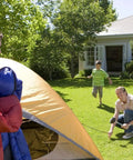 Family setting up a tent using Heavy Duty 9 Inch Metal Tent Stakes, 25 Pack, Anti Rust Galvanized Steel Ground Stakes in sunny backyard