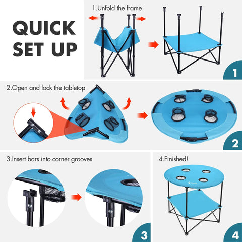 Quick setup instructions for Folding Camping Table Lightweight Double Layer Round Table With 4 Cup Holders And Carry Bag Portable Beach Table For Camping Travel Fishing And Outdoor Activities Blue.