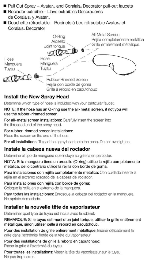 Diagram instructions for Genuine GP1036940-CP Pullout Spray Head installation for Avatar and Coralais faucets in multiple languages.