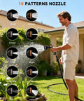 Man using Retractable Garden Hose Reel With Auto Rewind And Wall Mount, 50 Ft Heavy Duty Hose Storage, spray nozzles shown.