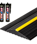 Weatherproof Garage Door Threshold Floor Seal 18 Foot Eight Inch Long Keeps Water Out Vermin Leaves And Debris From Blowing Under Your Door With Anti Slip Ridges High Visibility Safety Line And Easy Installation shown with adhesive tubes, black and yellow PVC material