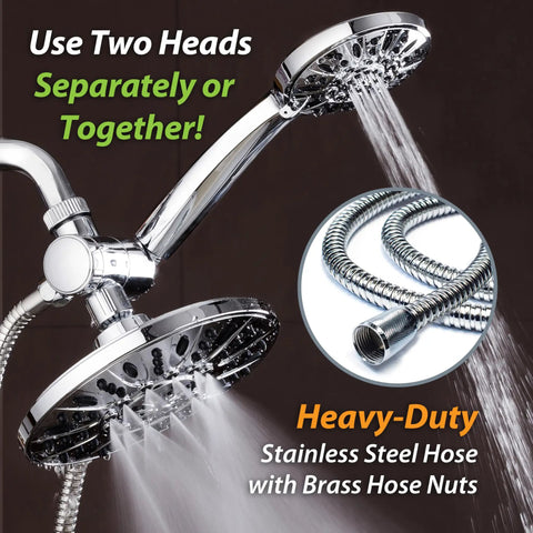 7 Inch Premium High Pressure 3 Way Rain Shower Combo With Lux Rainfall Head And Dope 6 Setting Handheld Shower Use Separately Or Together Chrome Finish Durable Quality For Spa Like Morning Showers shown with stainless hose