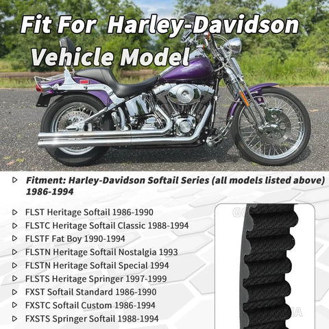 Golknha Drive Belt Replacement For 86-94 Harley Davidson Softail Heritage Fat Boy Plus Standard Custom Springer Models Like Flstc And Flstn With 132 Tooth Count And 1.5 Inch Width For Rock Solid Performance, showing a purple Harley bike.