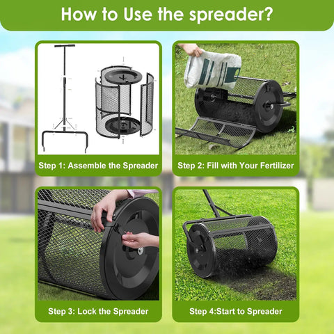 Instructional steps to use 24 Inch Compost And Top Dressing Spreader For Lawns With Peat Moss Capabilities, adjustable height options