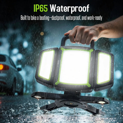 Rechargeable LED Work Light 30W With 3000 Lumens, Magnetic Base, Five Modes, IP65 Waterproof in use during rain