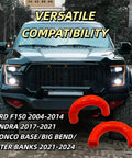 Front view of truck with Red Tow Hook Covers For Ford F-150 2004-2024 And Toyota Tundra 2017-2021, exterior trim shown