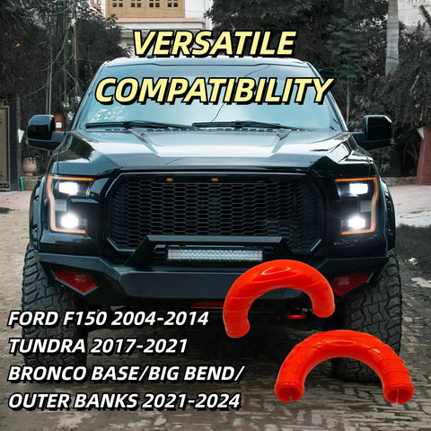 Front view of truck with Red Tow Hook Covers For Ford F-150 2004-2024 And Toyota Tundra 2017-2021, exterior trim shown