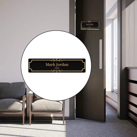 Clear Acrylic Wall Name Plate Holder for Doors and Desks 2x8 Sign Frame With Adhesive Tape in an office setting, close-up view.