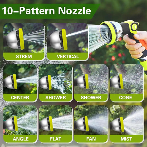 All In One Retractable Garden Hose Reel Kit with 45 Plus 5 Ft Extendable Hose, ten pattern spray nozzle settings shown