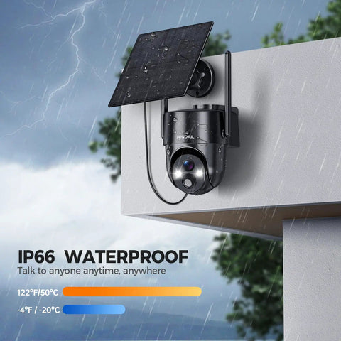 Solar Powered Outdoor Security Camera With 2K 360 Degree View Wireless WiFi Color Night Vision PIR Detection Two Way Audio Motion Alerts Easy Setup No Wires No Fuss mounted on wall, showing waterproof design in rain.