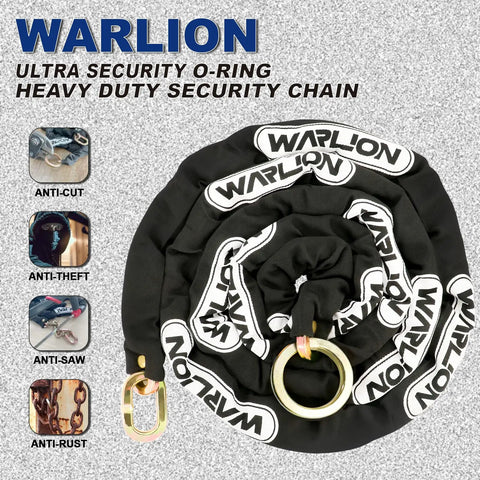 Heavy Duty Security Chain For Motorcycles ATVs Ebikes And Generators, Built To Last Ten Foot By Three Eighths Inch Thick And Tough As Nails Anti Theft Lock With Cinch Ring, displayed coiled with anti-theft features