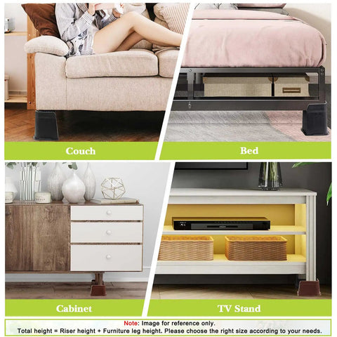 Image showing Heavy Duty Bed Riser Set 2 3 4 6 8 Inches Oversized Furniture Risers under couch, bed, cabinet, and TV stand.