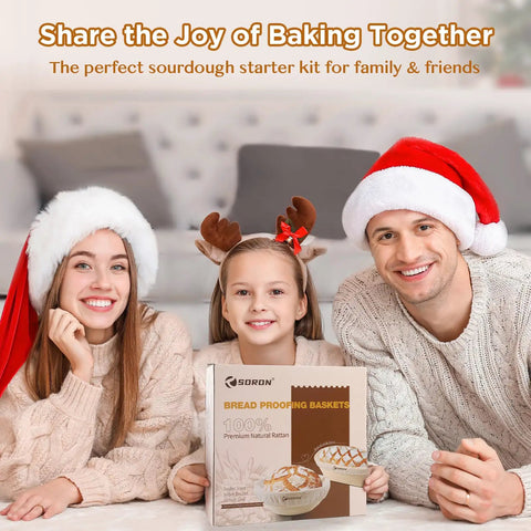 Family with Sourdough Starter Kit With Banneton Proofing Baskets And Glass Starter Jar Pro Grade Bread Making Tools For Home Bakers 9 Inch Round And 10 Inch Oval Banneton Baskets Gift Set For Homemade Loaves.