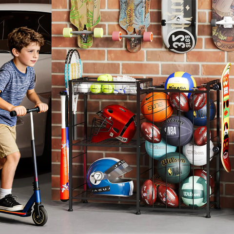 All In One Sports Gear Organizer Cart With Elastic Straps And Removable Basket For Garage Organization, Ball Storage Rack for basketballs, soccer balls, and more with toy gear hooks, black, in a garage setting with various equipment.
