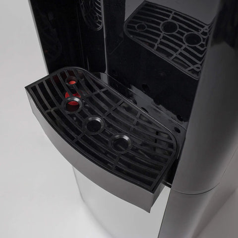 Top Load Water Dispenser With Dual Taps, Chilled Or Room Temp Water, black and platinum finish with drip tray detail