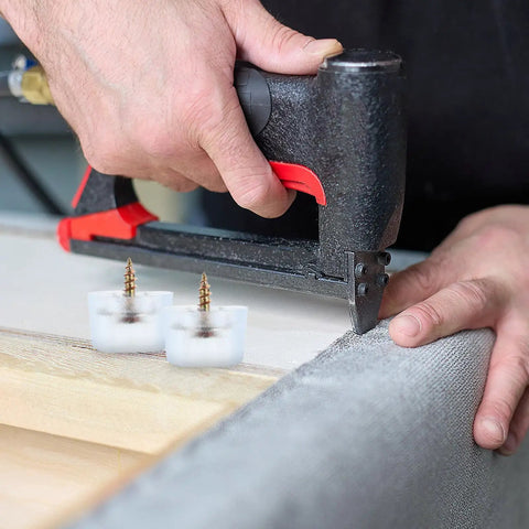 Installation of round screw on chair leg glides for indoor tables and chairs with no slip PVC furniture feet pads.