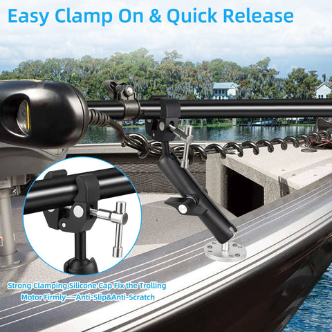 Heavy Duty Trolling Motor Stabilizer Mount For 2-Inch Bar Fits Terrova Riptide Terrova Ulterra PowerDrive on boat deck.
