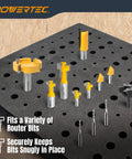 Badass Router Bit Storage Inserts Housing Fifty Half Inch And Sixty Quarter Inch Holder Slots With Thick Foam to keep router bits organized on foam insert.
