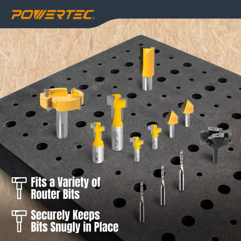 Badass Router Bit Storage Inserts Housing Fifty Half Inch And Sixty Quarter Inch Holder Slots With Thick Foam to keep router bits organized on foam insert.