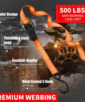 Tough As Nails Ratchet Tie Down Straps 15 Foot Long 4 Pack Heavy Duty Cargo Straps With 1500 Lb Break Strength For Truck Beds Motorcycles And Lawn Gear Hauling Orange, showcasing the strap's features and thickness.