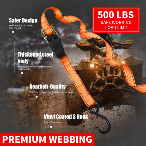 Tough As Nails Ratchet Tie Down Straps 15 Foot Long 4 Pack Heavy Duty Cargo Straps With 1500 Lb Break Strength For Truck Beds Motorcycles And Lawn Gear Hauling Orange, showcasing the strap's features and thickness.