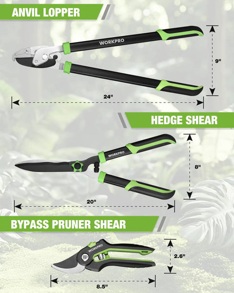 3 Piece Garden Shears Set For Pruning And Hedge Trimming, 20 Inch Hedge Shear, 24 Inch Anvil Lopper, 8 Inch Pruning Shears