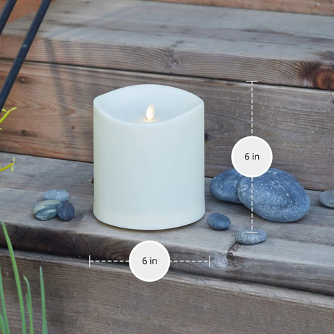 Outdoor Moving Flame Pillar Candle With Remote Included, IPX4 Weatherproof LED Battery Operated Lights, Ivory 6 By 6 Inches on steps
