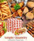 Bulk 300 Piece 6 Inch Disposable Paper Hot Dog Trays Featuring A Red Diamond Grid Layout Grease Resistant Serving Plates For Backyard Cookouts And Weekend Kickbacks with assorted foods.
