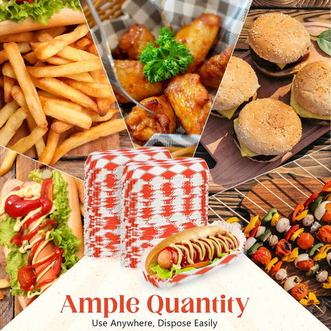 Bulk 300 Piece 6 Inch Disposable Paper Hot Dog Trays Featuring A Red Diamond Grid Layout Grease Resistant Serving Plates For Backyard Cookouts And Weekend Kickbacks with assorted foods.