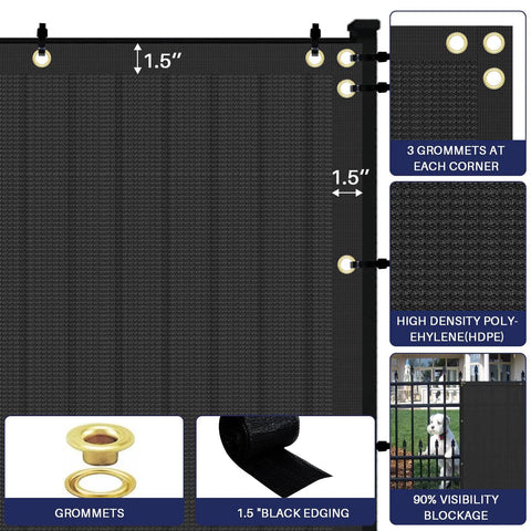 Privacy Fence Screen 8ft By 25ft Heavy Duty Windscreen Mesh with grommets, black edging, blocks visibility for outdoor use.