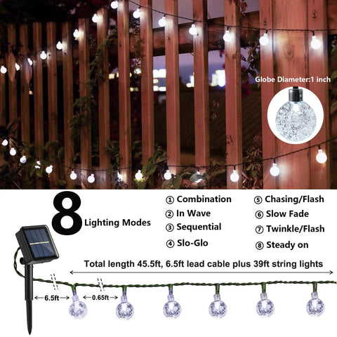 Solar Powered Crystal Globe String Lights 100 LEDs, 72 Ft Outdoor Patio Lights With 8 Modes, Waterproof hanging on fence