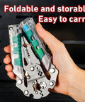 Hand holding All In One Pliers With Screwdriver And Wire Stripper Folding Design Cr V Steel That Cuts Strips And Crimps, Voltage Tester