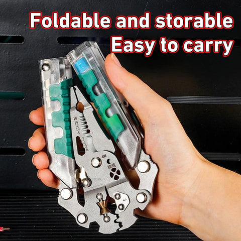 Hand holding All In One Pliers With Screwdriver And Wire Stripper Folding Design Cr V Steel That Cuts Strips And Crimps, Voltage Tester