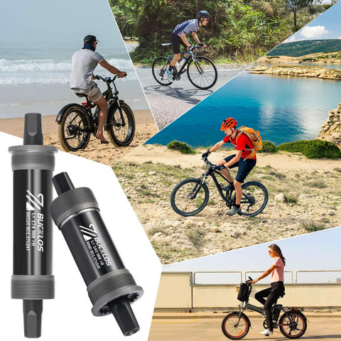 Square Taper Bike Bottom Bracket For BSA Threads 68 80 90 100 110 120 110.5 113 116 118 122.5 127 140 152 156 166 174mm Sealed Bearings displayed with cyclists