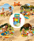 Collage of kids playing with Foldable Bucket And Shovel Tools Kit For Kids Sand Toys With Animal Design Five Piece Travel Beach Set