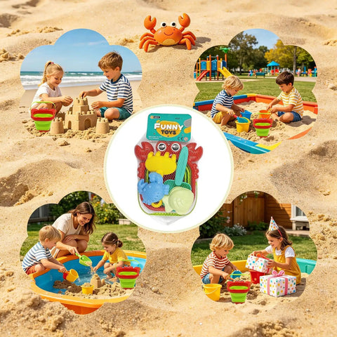 Collage of kids playing with Foldable Bucket And Shovel Tools Kit For Kids Sand Toys With Animal Design Five Piece Travel Beach Set