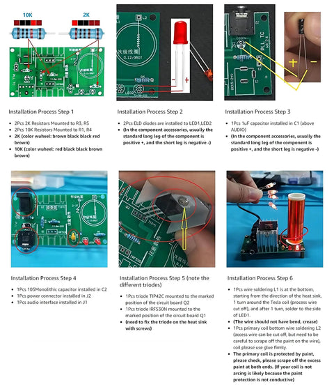 Mini DIY Tesla Coil Kit For Adults That Sings And Transmits Power Wirelessly Lights Fluorescent Lamps And Delivers Epic Arcs While You Practice Soldering Includes 15 To 24 Volt DC Power 2 Amp And 3.5 Millimeter Audio Input assembly steps and PCB wiring guide
