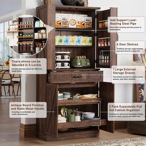 Kick Out Clutter Fast With This 71 Inch Tall Kitchen Pantry Cabinet featuring open shelves, large drawer, and barn doors in warm brown.