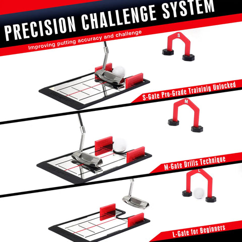 Magnetic Putting Mirror With Golf Gates Training Aid for all skill levels showing various gate configurations for practice.