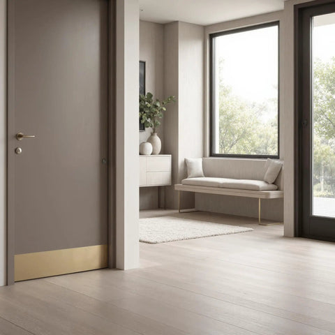 Interior with Brite Brass On Aluminum Door Kick Plate 8 Inch By 34 Inch Non Ferrous Metal Shield With Fasteners Installed
