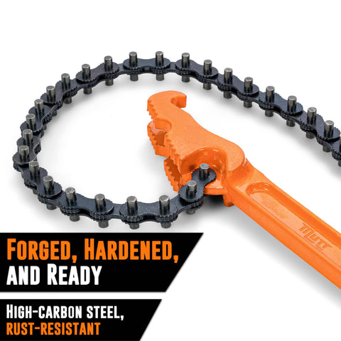 Heavy Duty Chain Wrench For Pipes And Oil Filters, 19 Inch Chain Design Fits One And A Half To Six Inch Pipes, 12 Inch Orange Handle