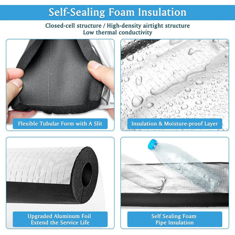 Six Pack Three Quarter Inch Pipe Insulation Foam Tubes With Aluminum Foil Self Adhesive Cover for AC Units Water Pipes Display