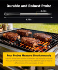 Wireless Meat Thermometer With App Control Four Probes And Unlimited Range for grill showing probes in steaks