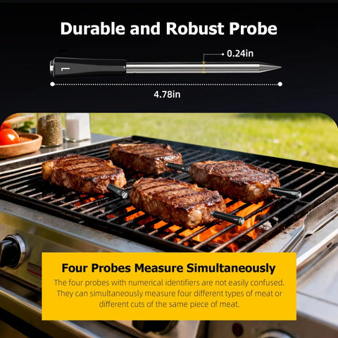 Wireless Meat Thermometer With App Control Four Probes And Unlimited Range for grill showing probes in steaks
