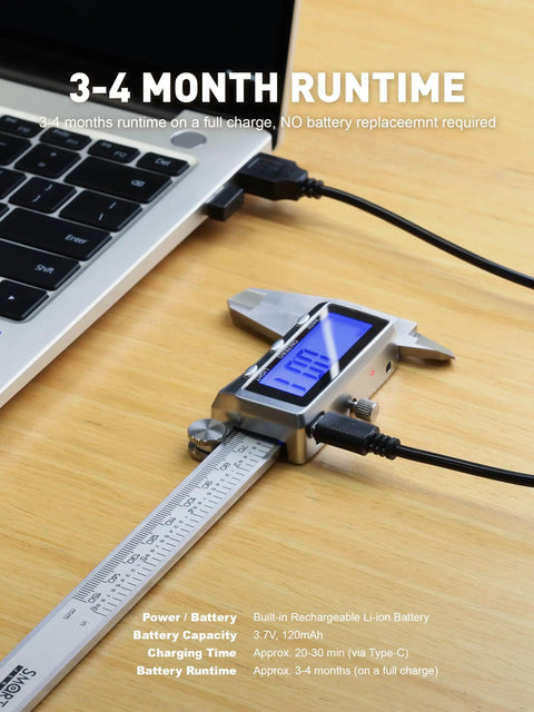 Rechargeable Digital Caliper Six Inch With Backlit LCD Screen And Auto Off connected to laptop for charging