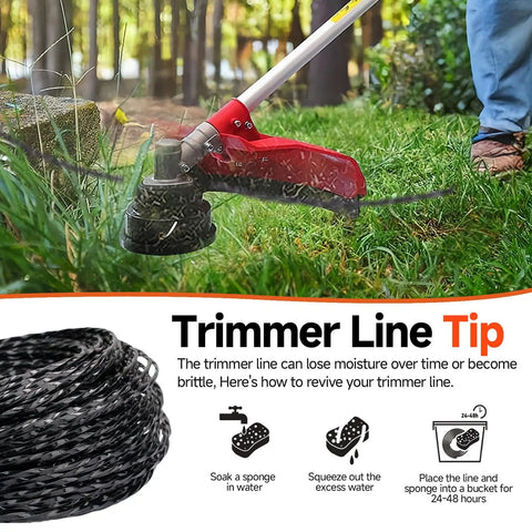 2.8 Lb Spool Twisted Trimmer Line 0.095 Inch, 885 Feet, Heavy Duty Weed Eater String For Echo Black Diamond Trimmers And Ego Grass Cutters, Durable Nylon Core, Part No 330095073, shown in use and coiled on spool